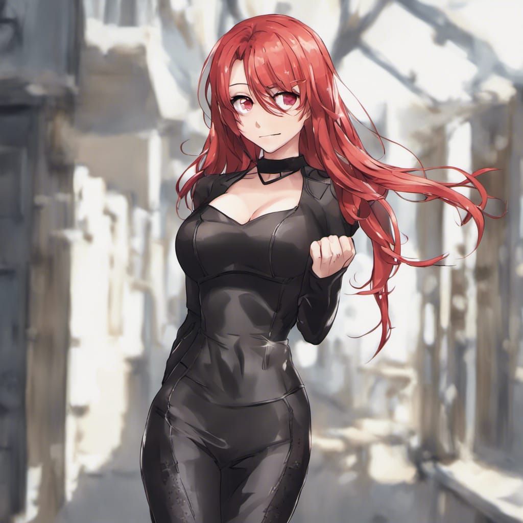 Anime Style Red-Haired Woman in Skin-Tight Outfit
