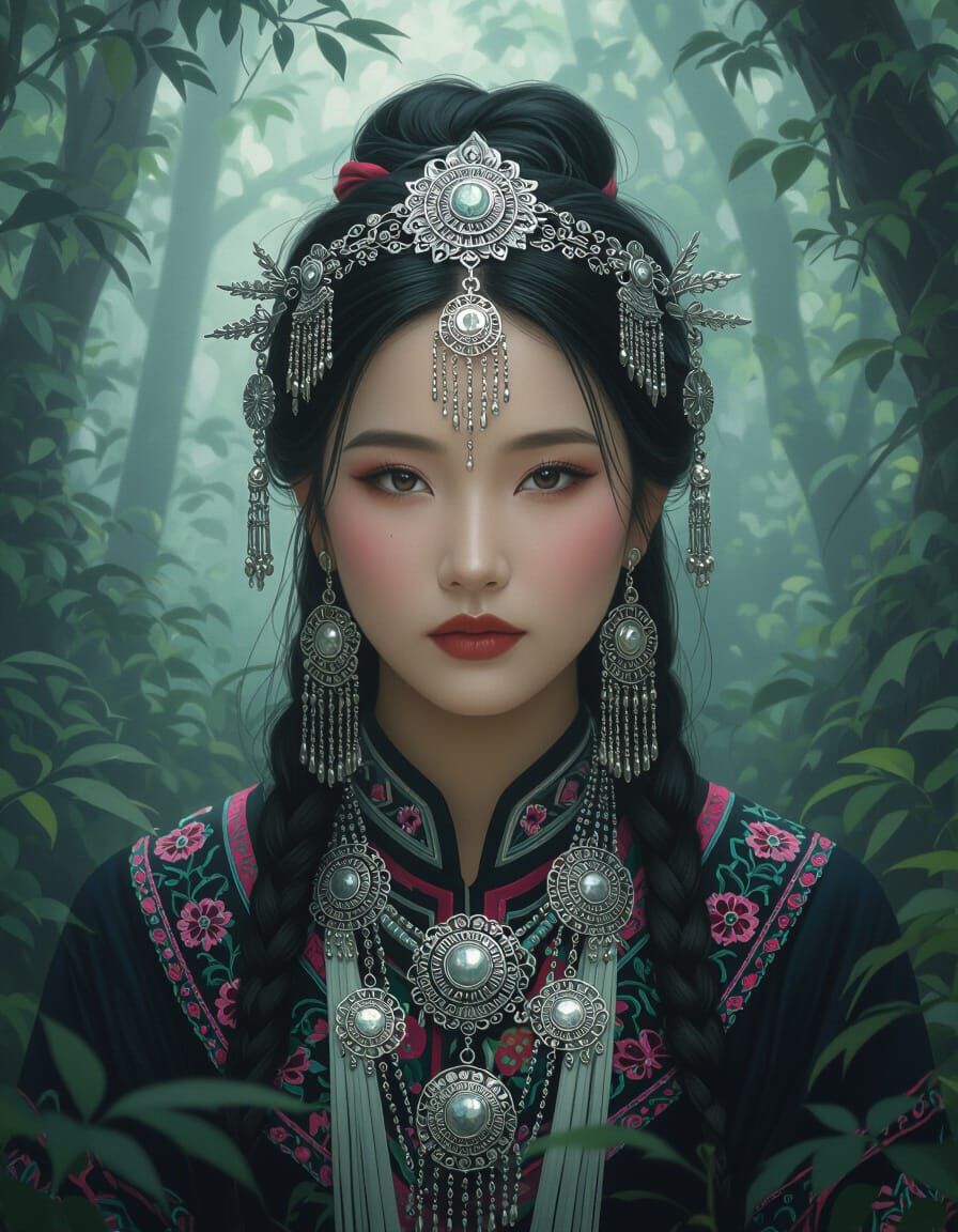 Hmong Lady's Contemplative Portrait in Mystical Forest