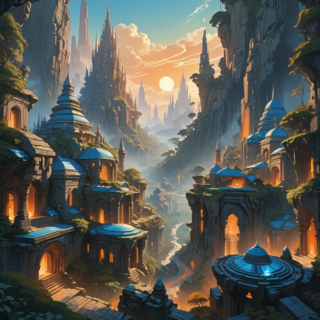 Fantasy Cityscape Amidst Lush Forest: Concept Art