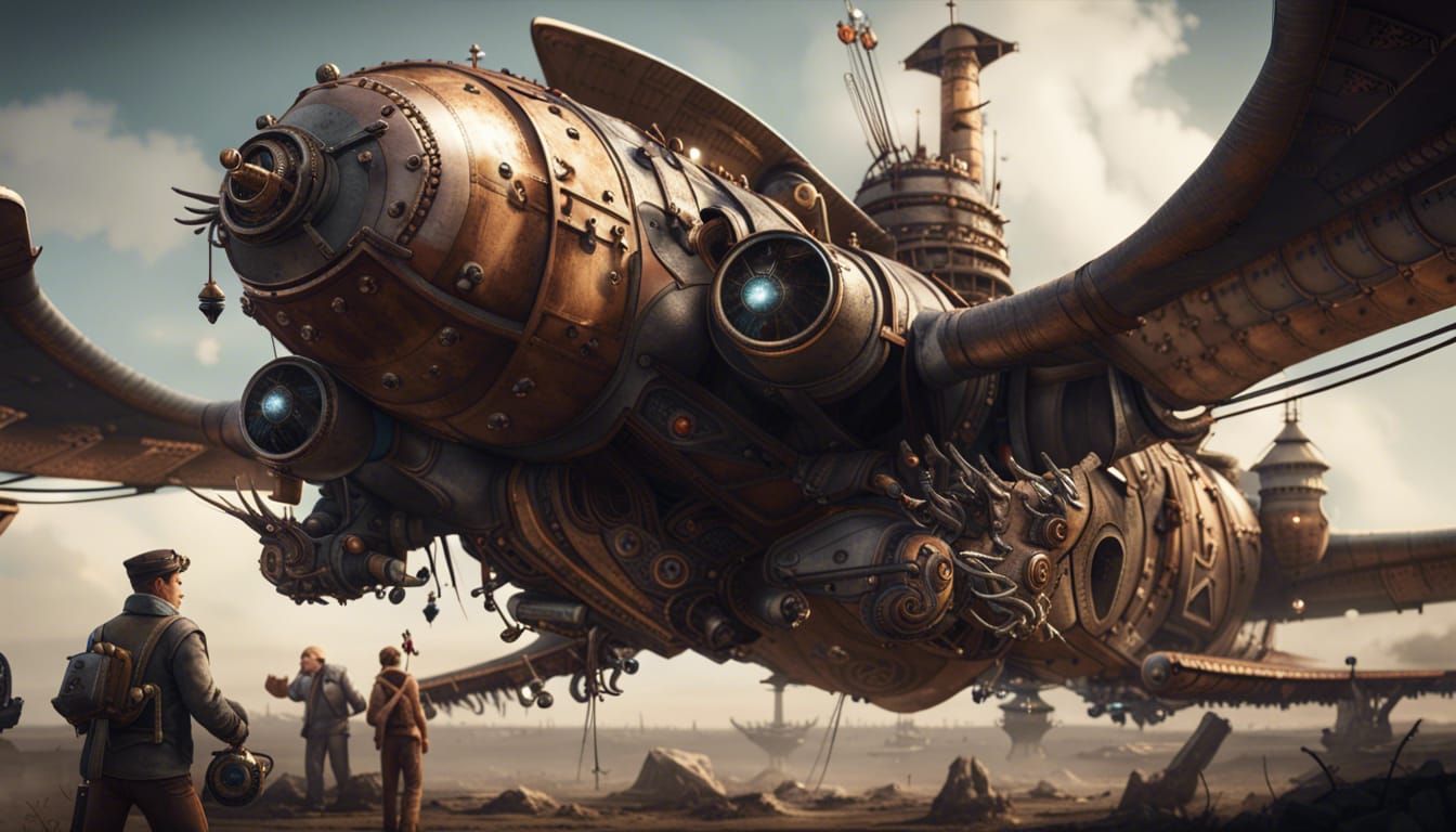 A steampunk aircraft with huge wings   chased by massive fly...