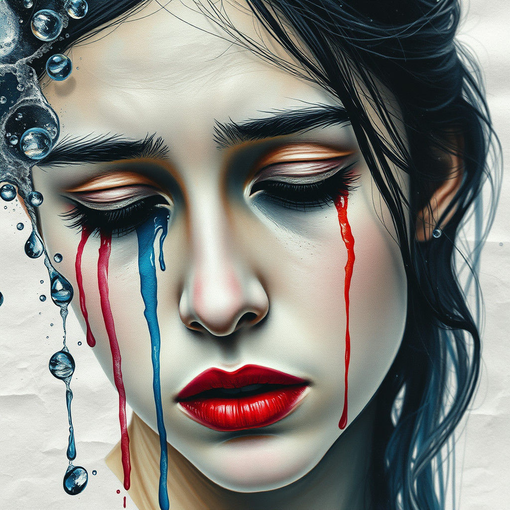 Melancholic Woman Portrait with Water Droplets and Paint