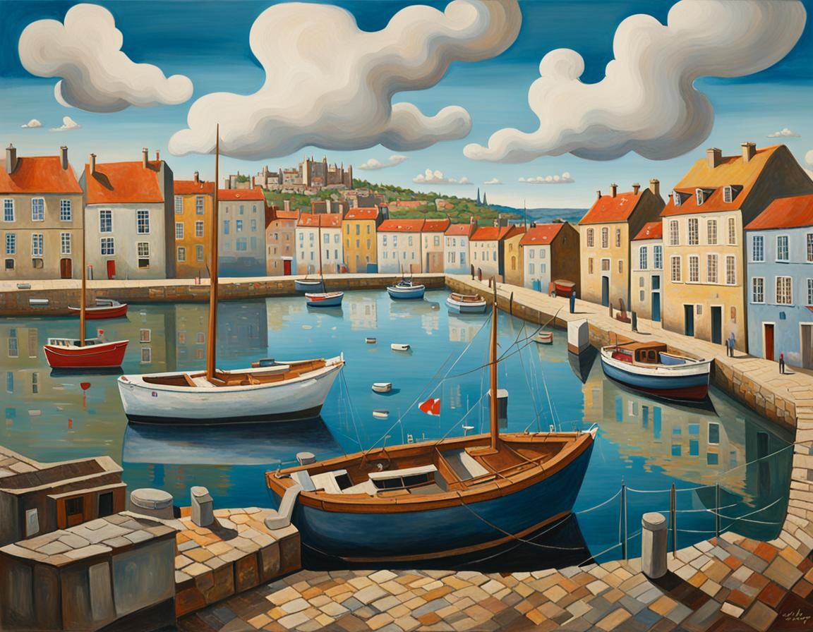 Colorful Harbor Scene in Naive Art Style
