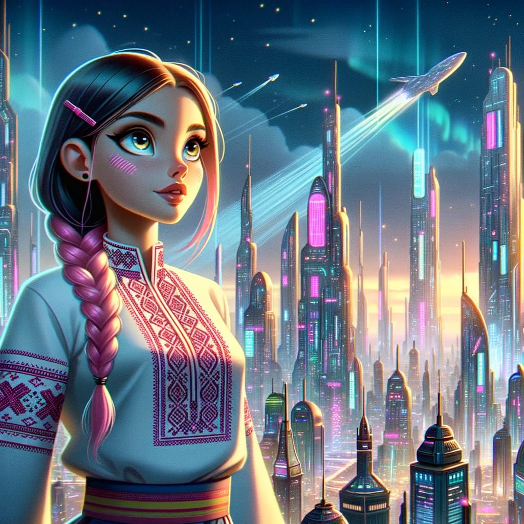 Futuristic Cityscape with Vyshyvanka, Animated Style