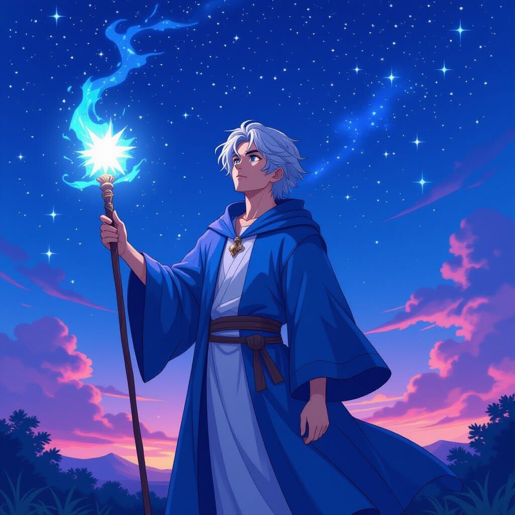 Blue Mage Under Starry Sky in Anime Style