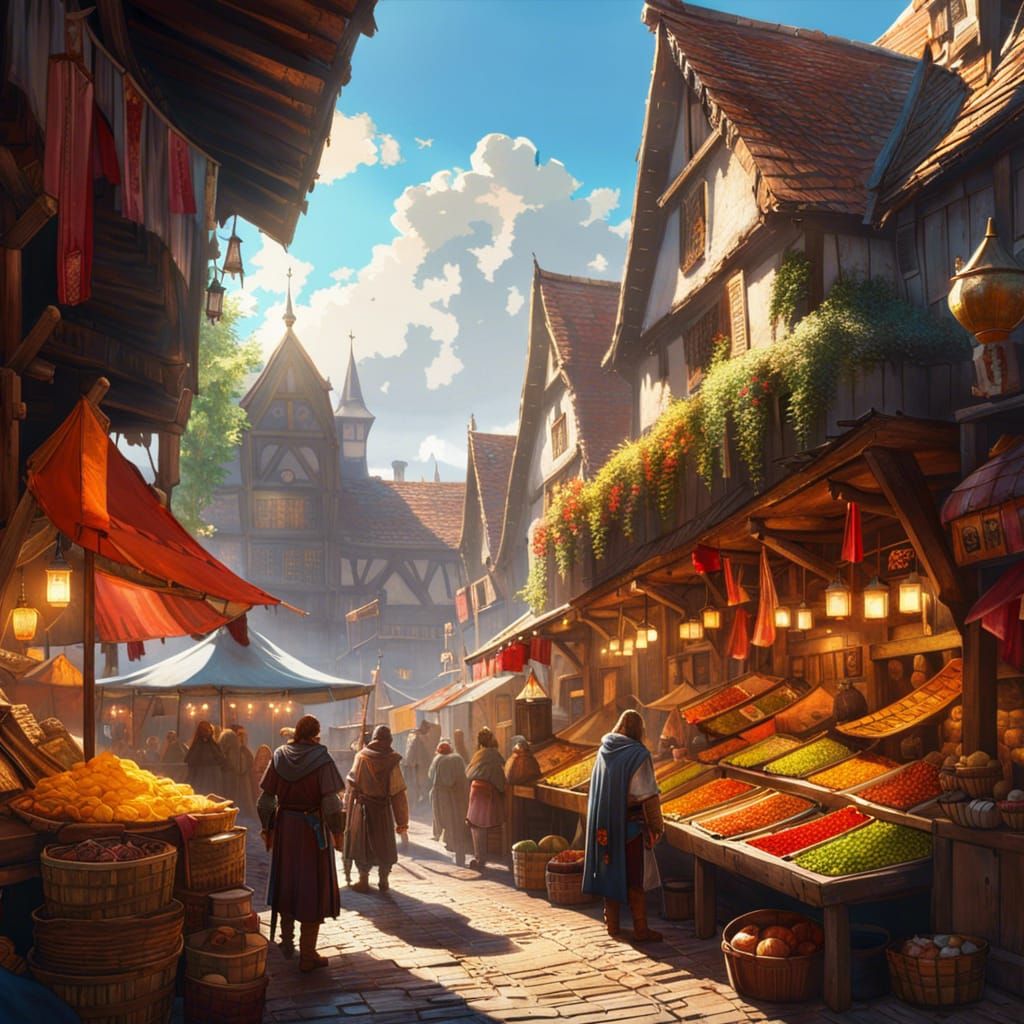 Medieval Market: Hyper-Detailed Digital Illustration