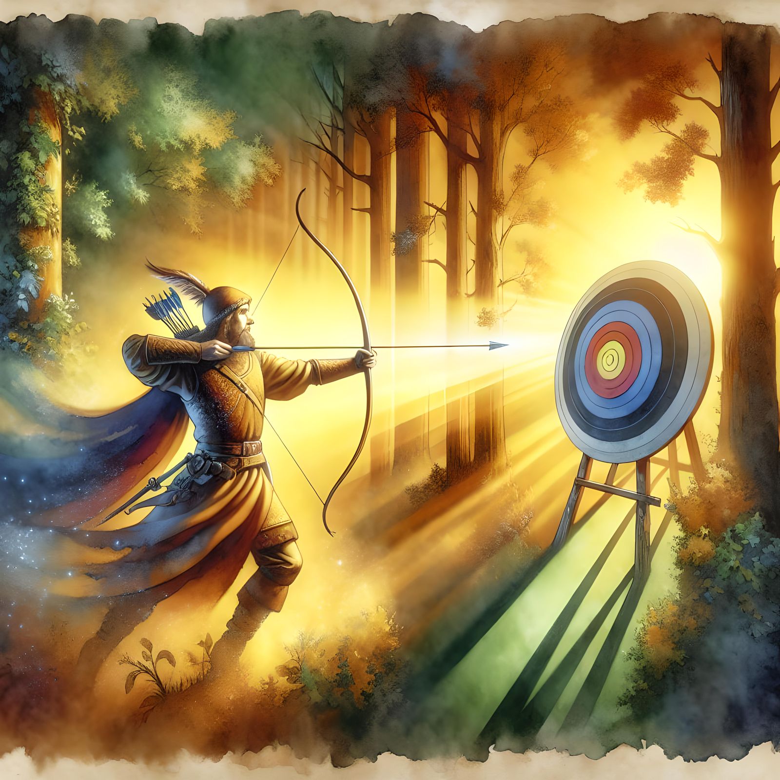 Medieval Archer Aiming Arrow in Watercolor and Oil