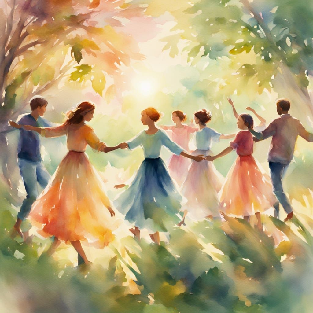 Circle of Joyful People Dancing in Nature