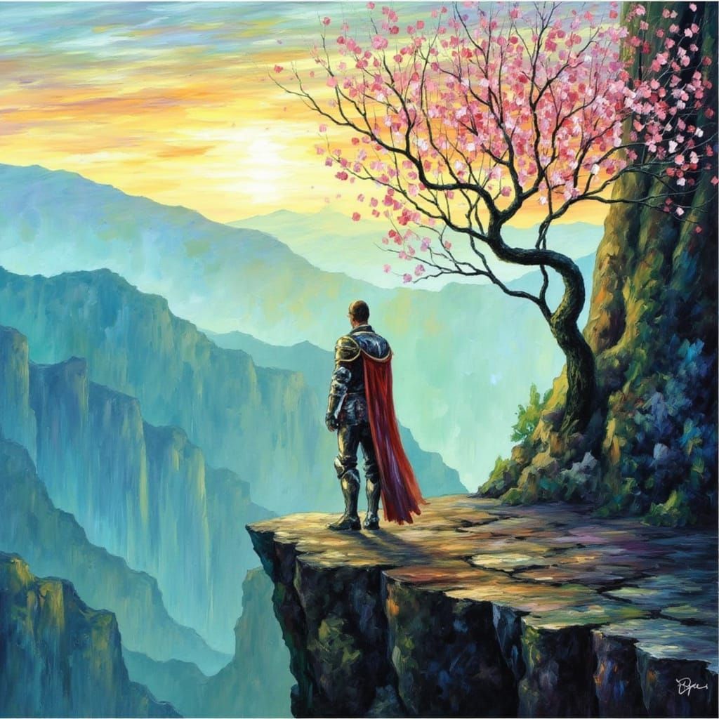 Knight on Misty Cliff Overlooking Valley at Sunset