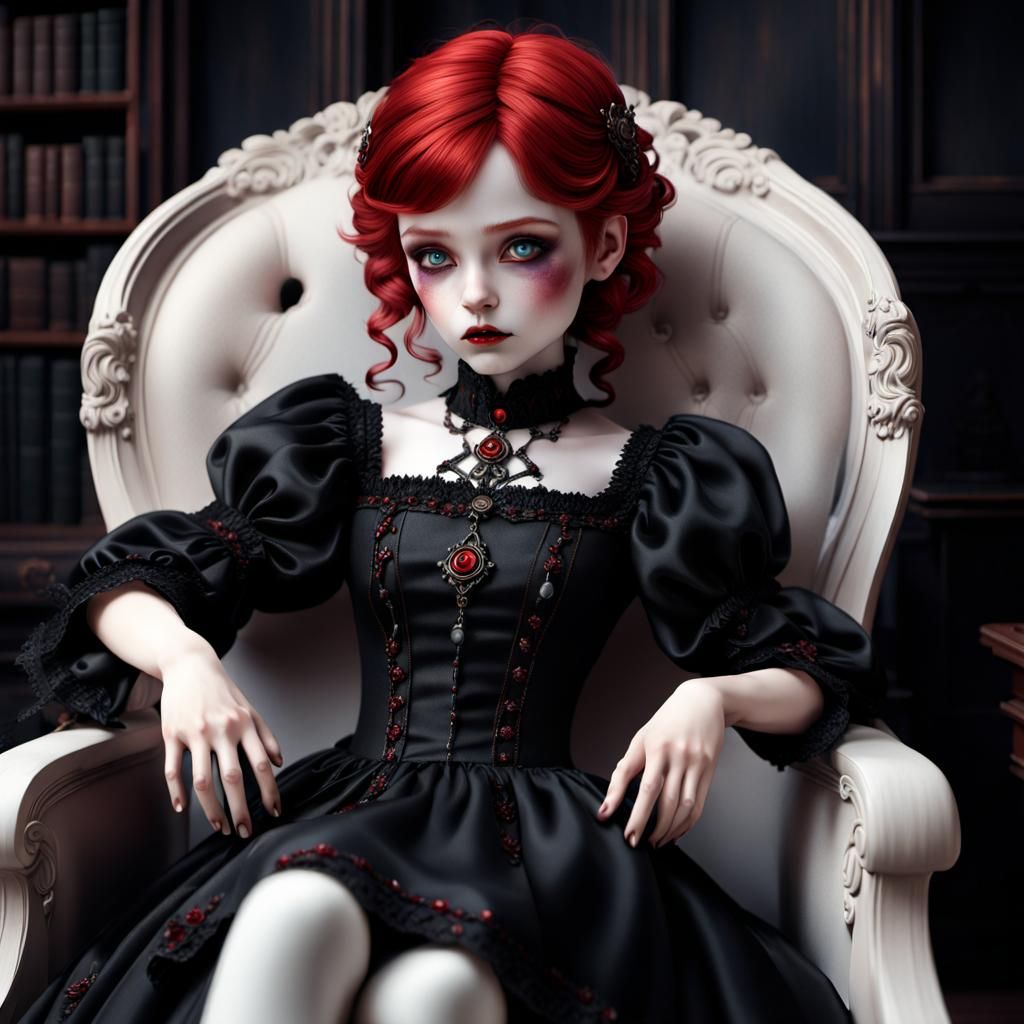 Gothic Porcelain Doll in Library: Detailed Matte Painting
