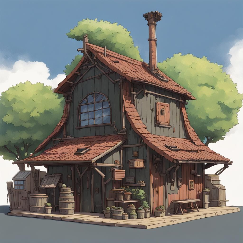 Solarpunk Blacksmith Forge in Studio Ghibli Style