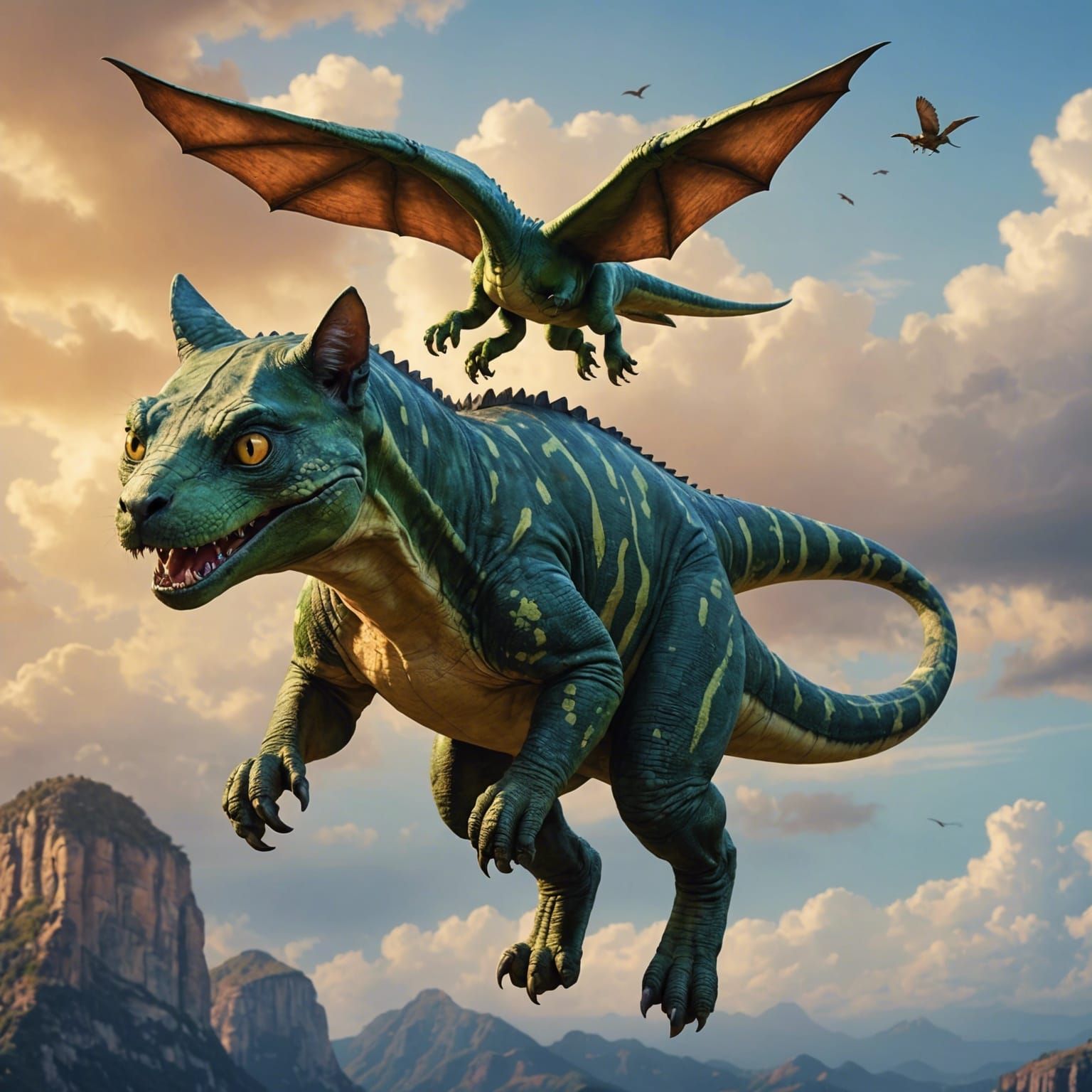 A Dinosaur-Cat Hybrid Taking Flight