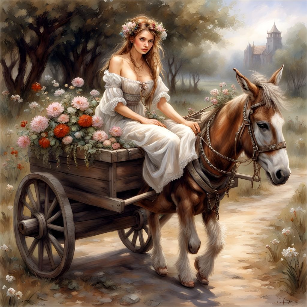 Freckled Girl on Donkey Cart, Hyperrealistic Fairytale