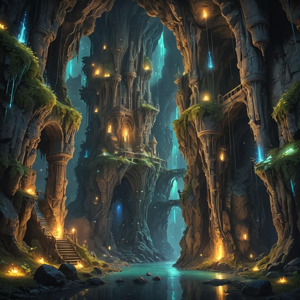 fireflies towers in big castle inside a cave with glow worms as light glowing blue dots throughout the dark cave; irides...