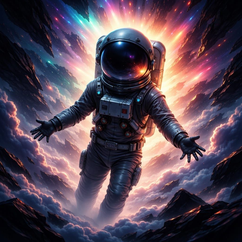 Astronaut in Retro Suit Amidst Iridescent Nebula
