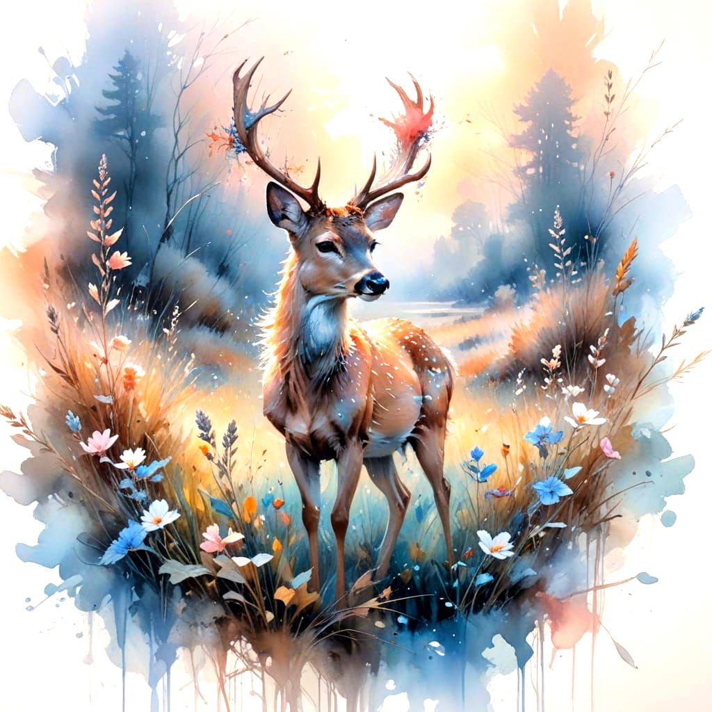 Deer in Misty Meadow: Watercolour Art