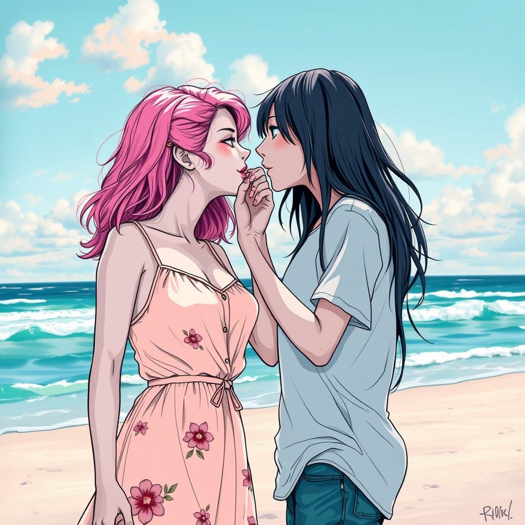 Romantic Beach Scene in Black and White Line Drawing Style