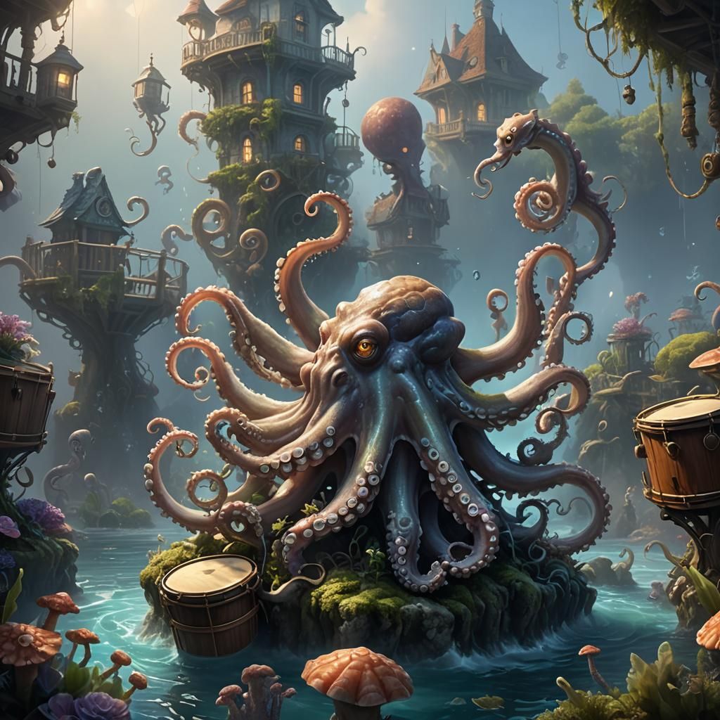 Octopus Drummer in Ethereal Underwater Fantasy