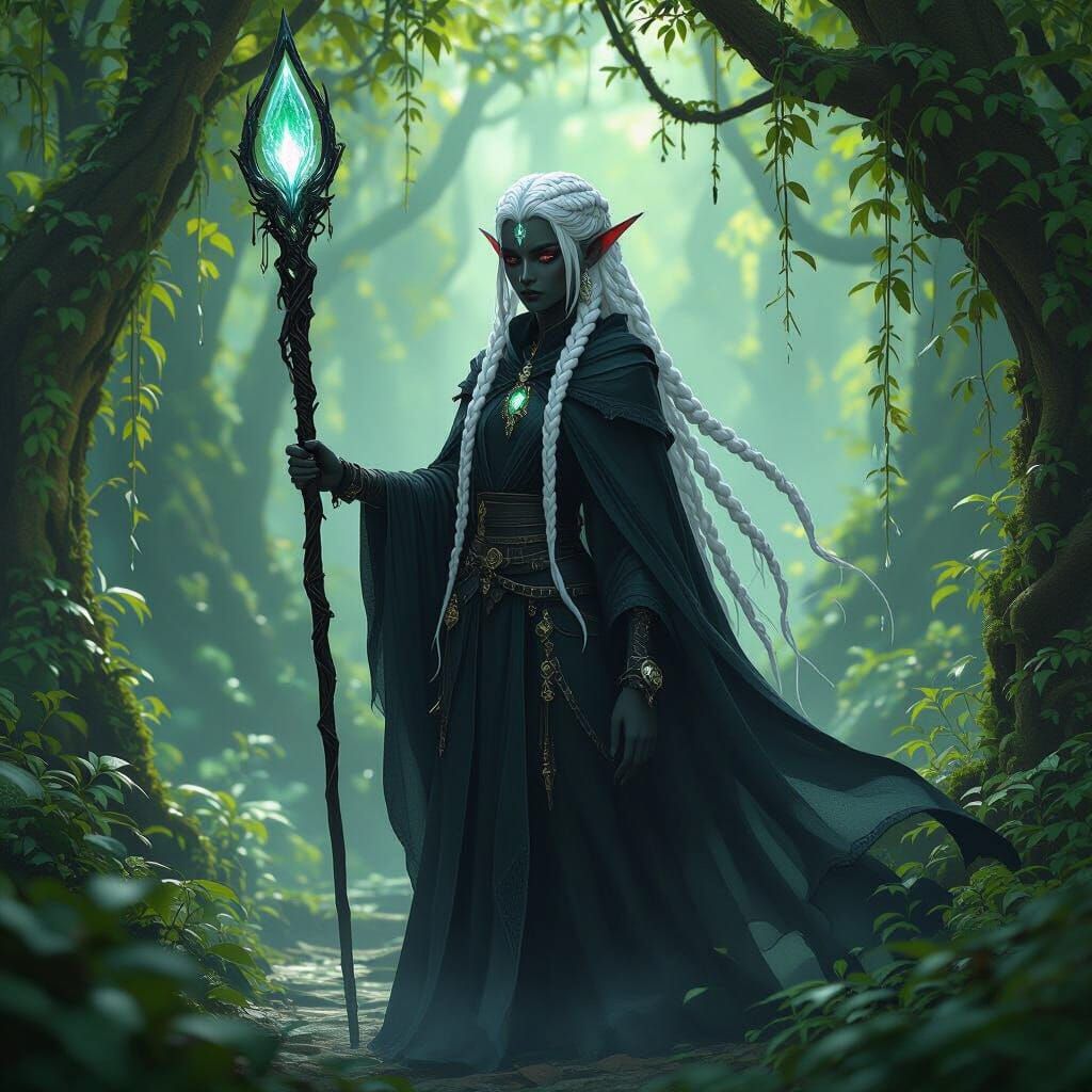 Drow Elf in Luminescent Grove, Art Nouveau