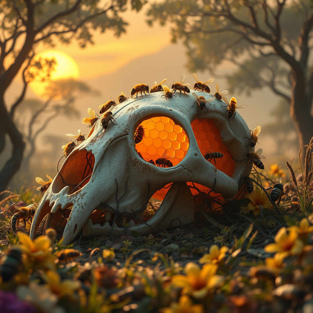 Lion Skull Apiary in Mystical Savannah, Hyperrealism