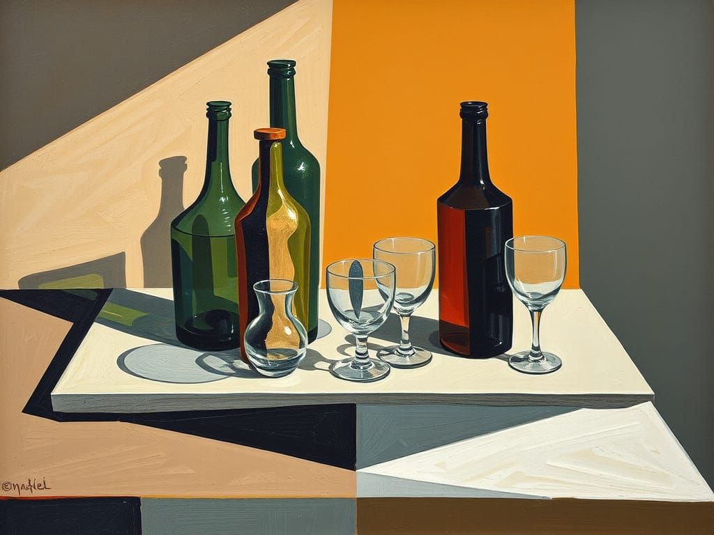Cubist Still Life with Bottles in Picasso/Braque Style