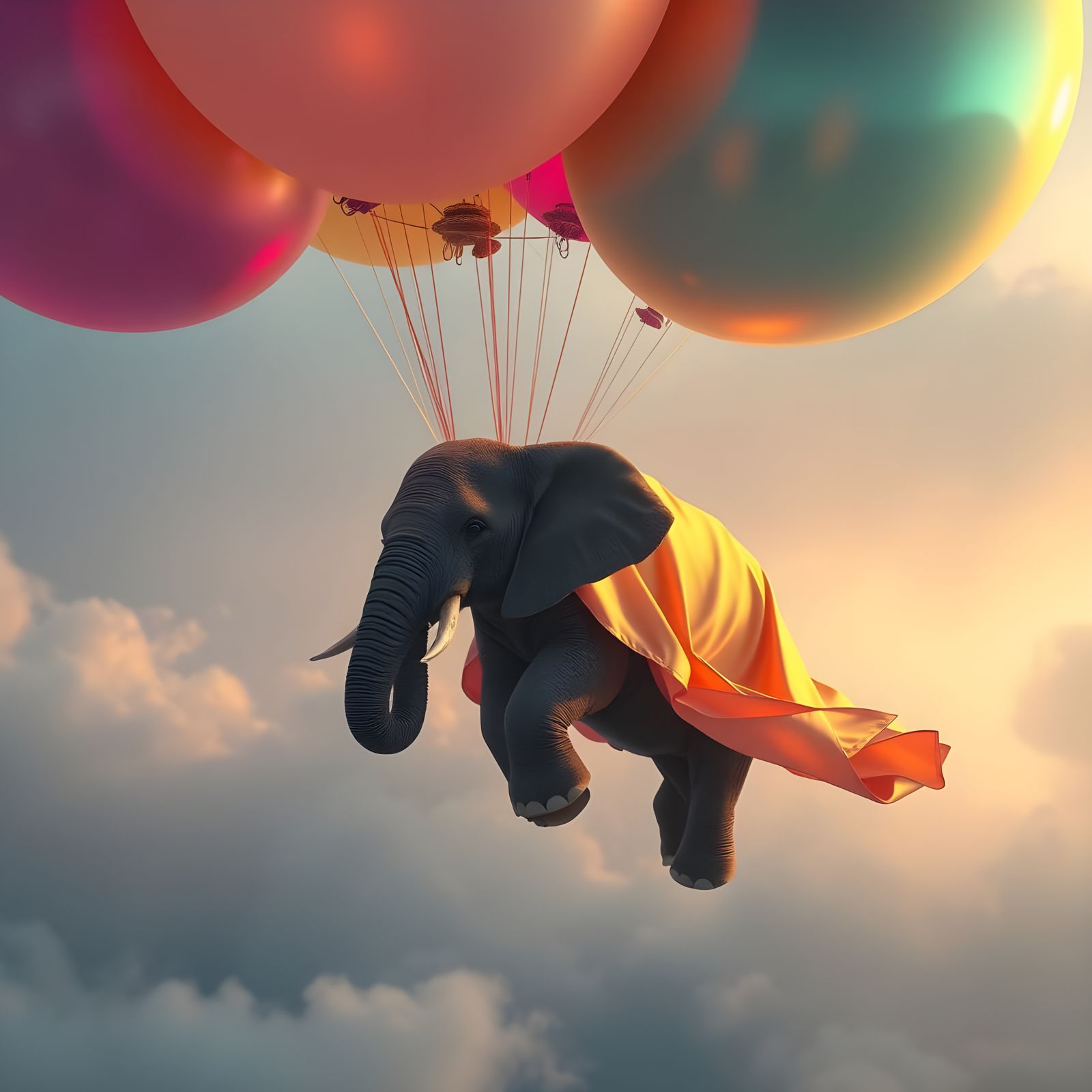 Ethereal Baby Elephant Ascends in Vibrant Balloons, a Whimsi...