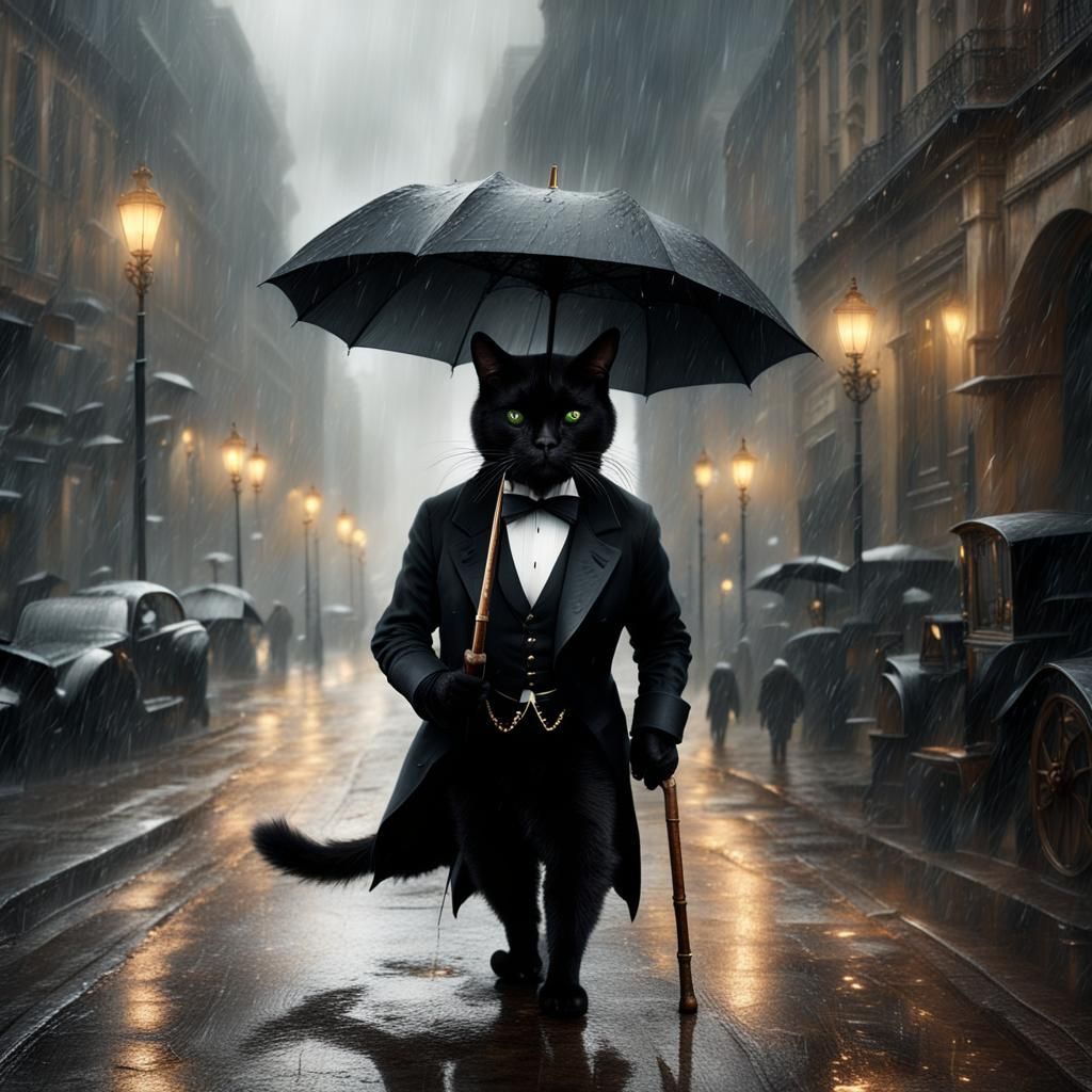 Dapper Black Cat in Rain, Digital Painting