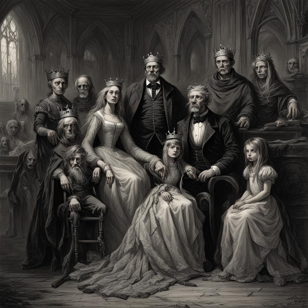 Dark Royal Family Portrait in Engraving Style