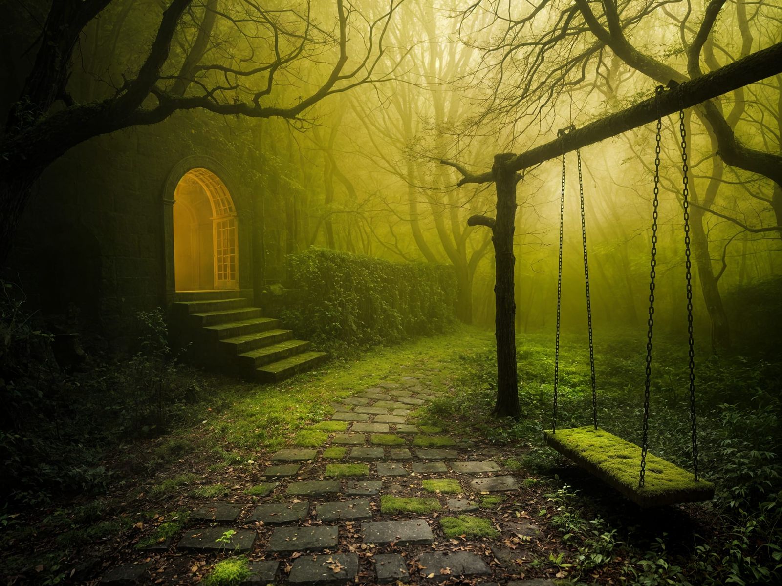 Creepy Overgrown Garden in Dense Yellow-Green Mist