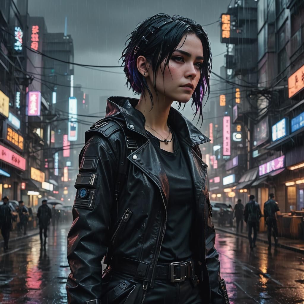 Sci-Fi Goth in Rainy Cyberpunk Cityscape