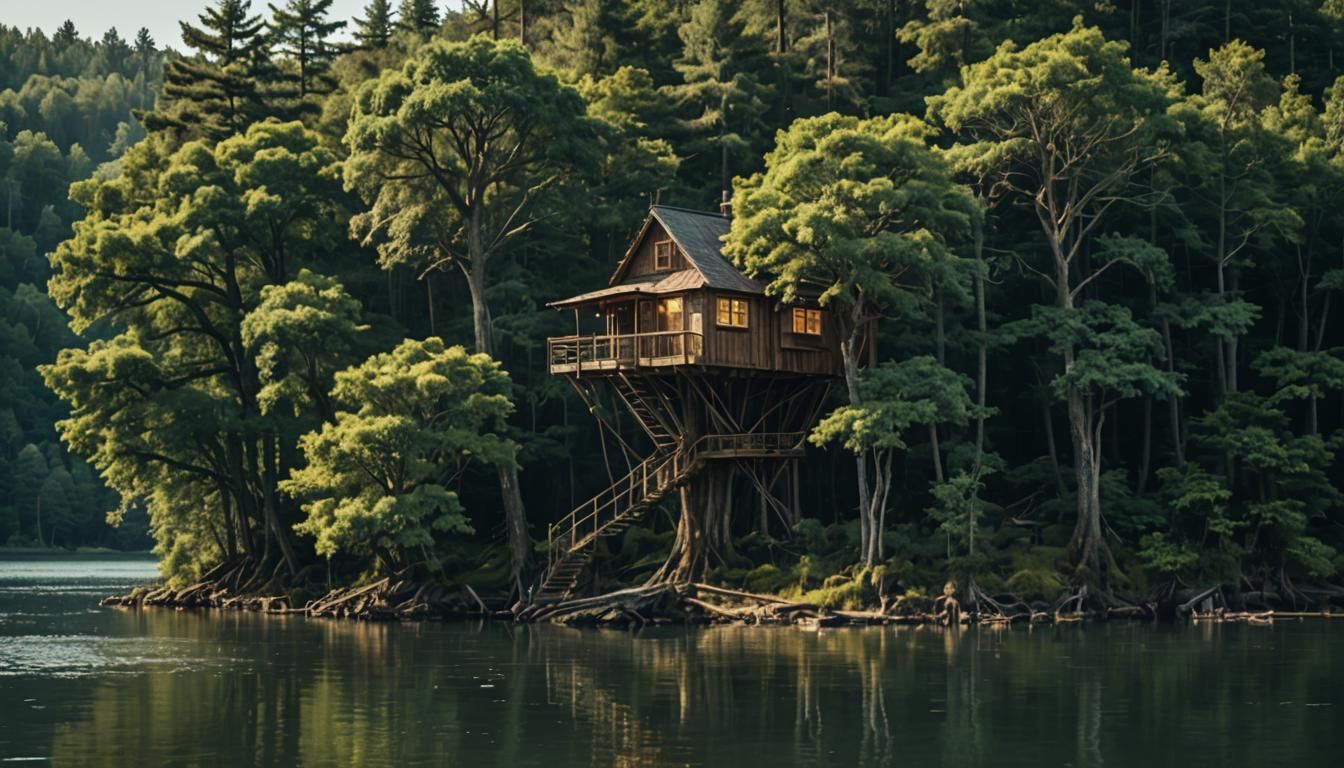 Idyllic Lakeside Treehouse in Cinematic Style