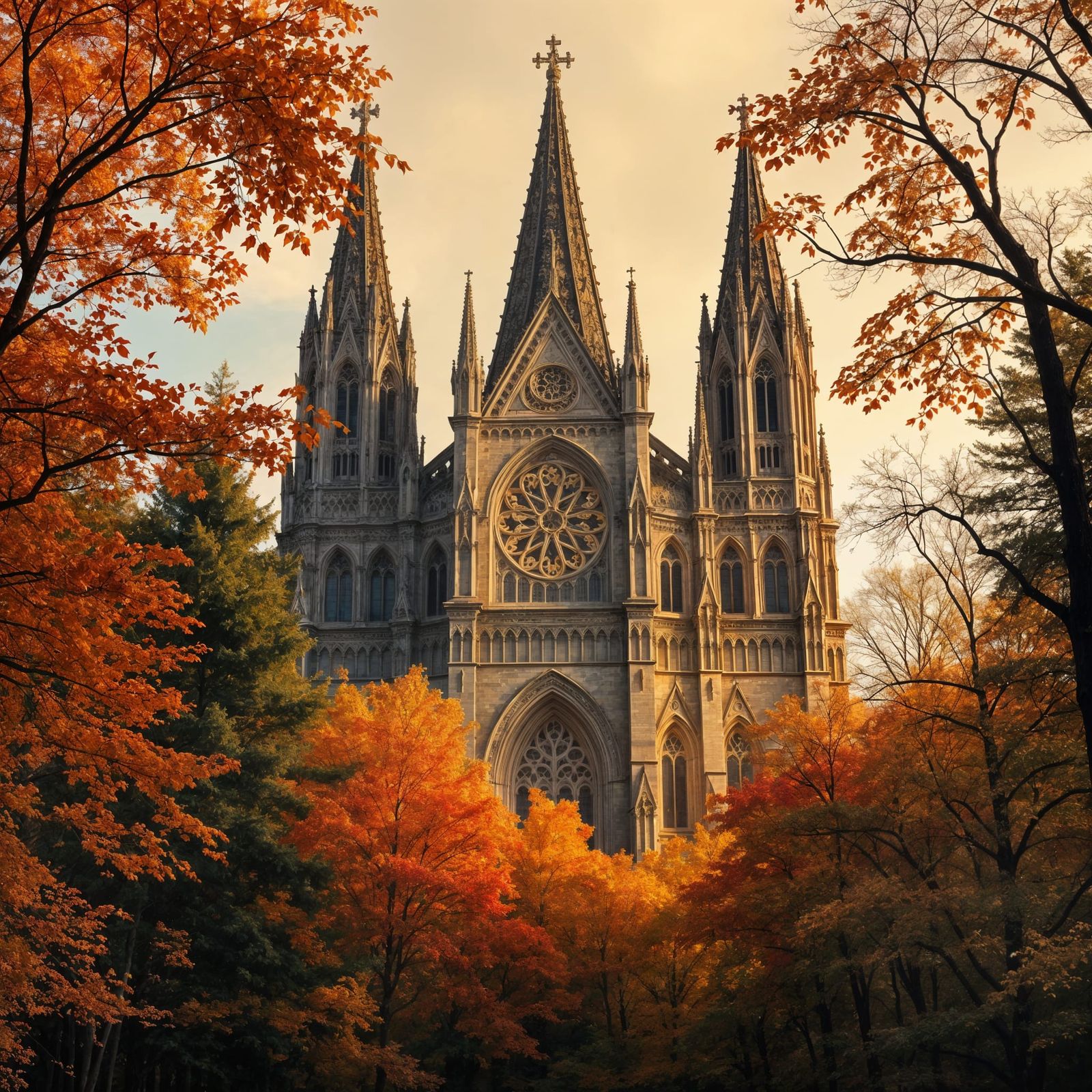 Cathedral Facade in Autumn Forest