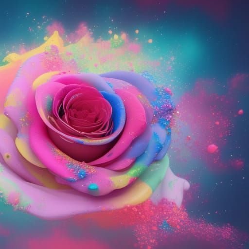 Surreal Rose Made of Multicolored Paint Splatters