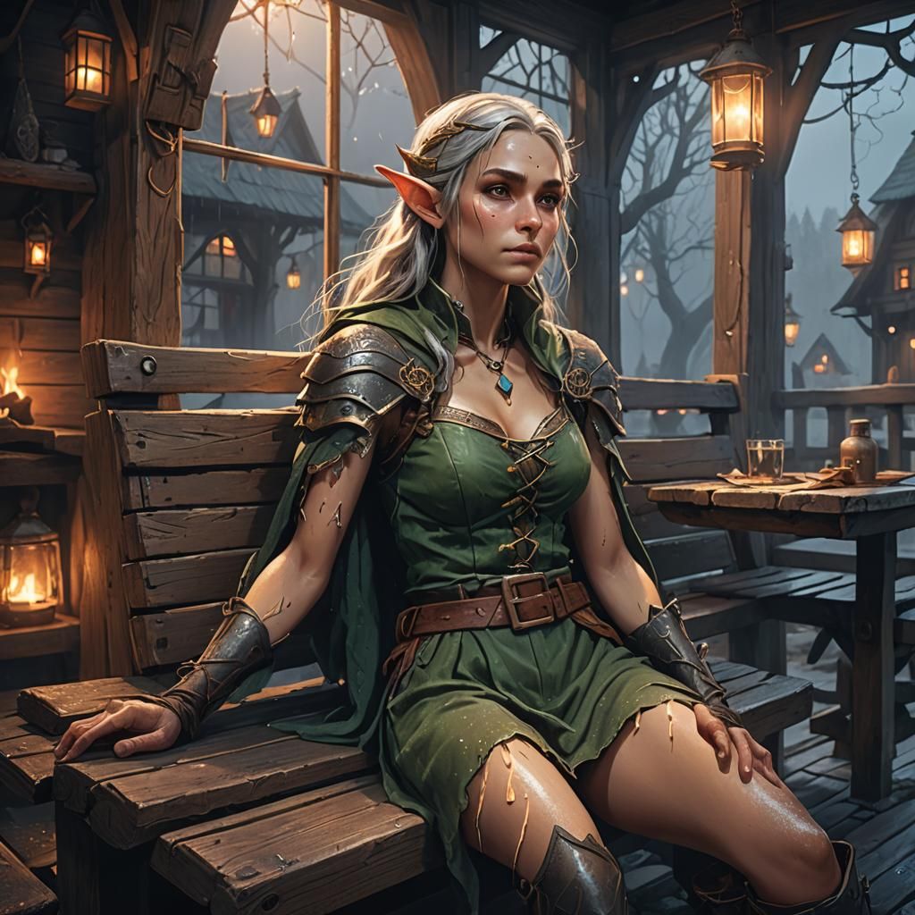 Enchanted Elf Sleeps in Cozy Tavern: Fantasy Art