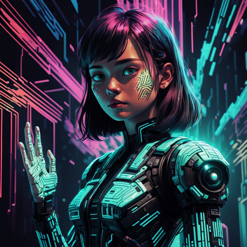 Glitch Art Portrait in Vibrant Neon Pop Style