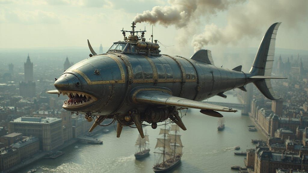 Steampunk Shark Aircraft Over Victorian London