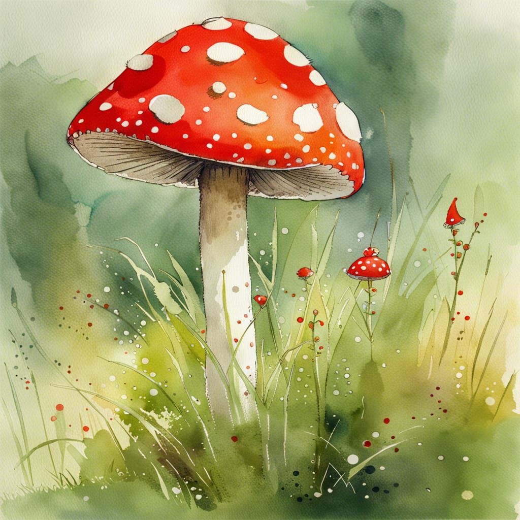 Breathing Fly Agaric Mushroom in Watercolour Style