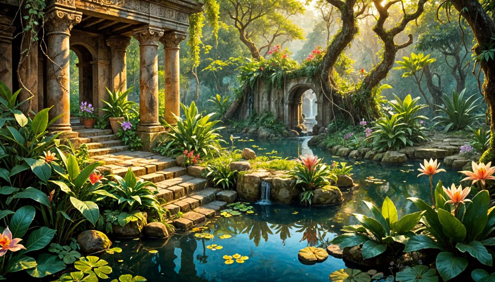 Jungle Ruins with Deer: An Impressionistic Oil Painting