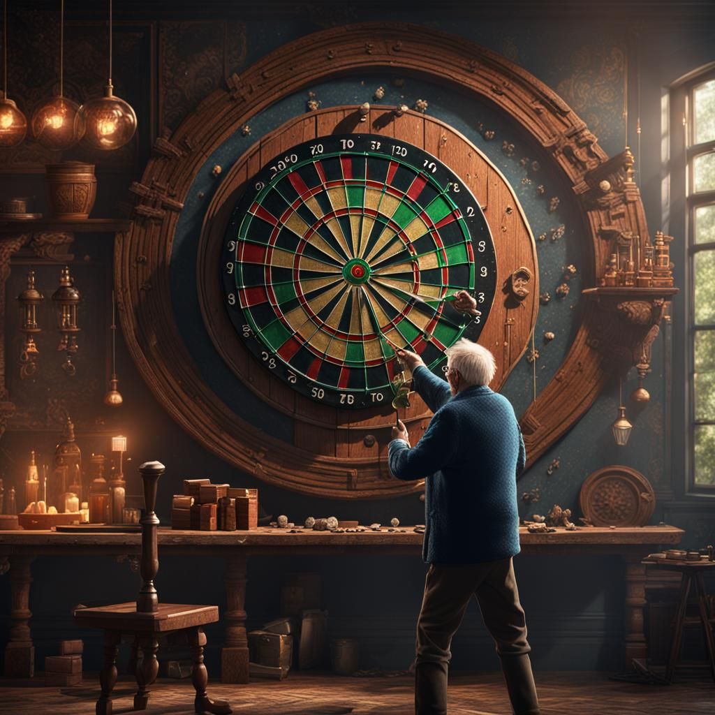 Old Man Shatters Dartboard: Detailed Matte Painting