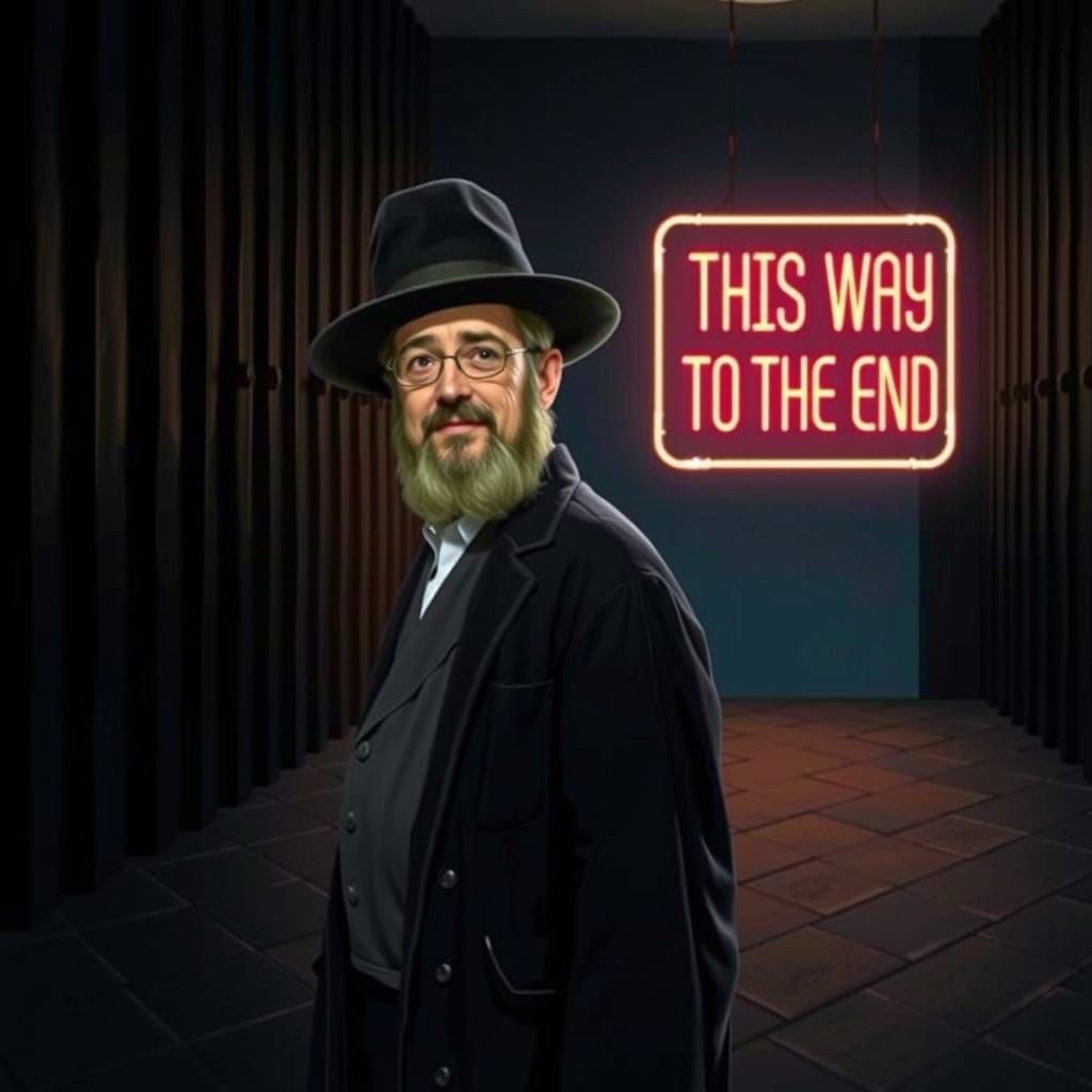 A glowing luminous sign, pointing down, read: 'THIS WAY TO THE END".