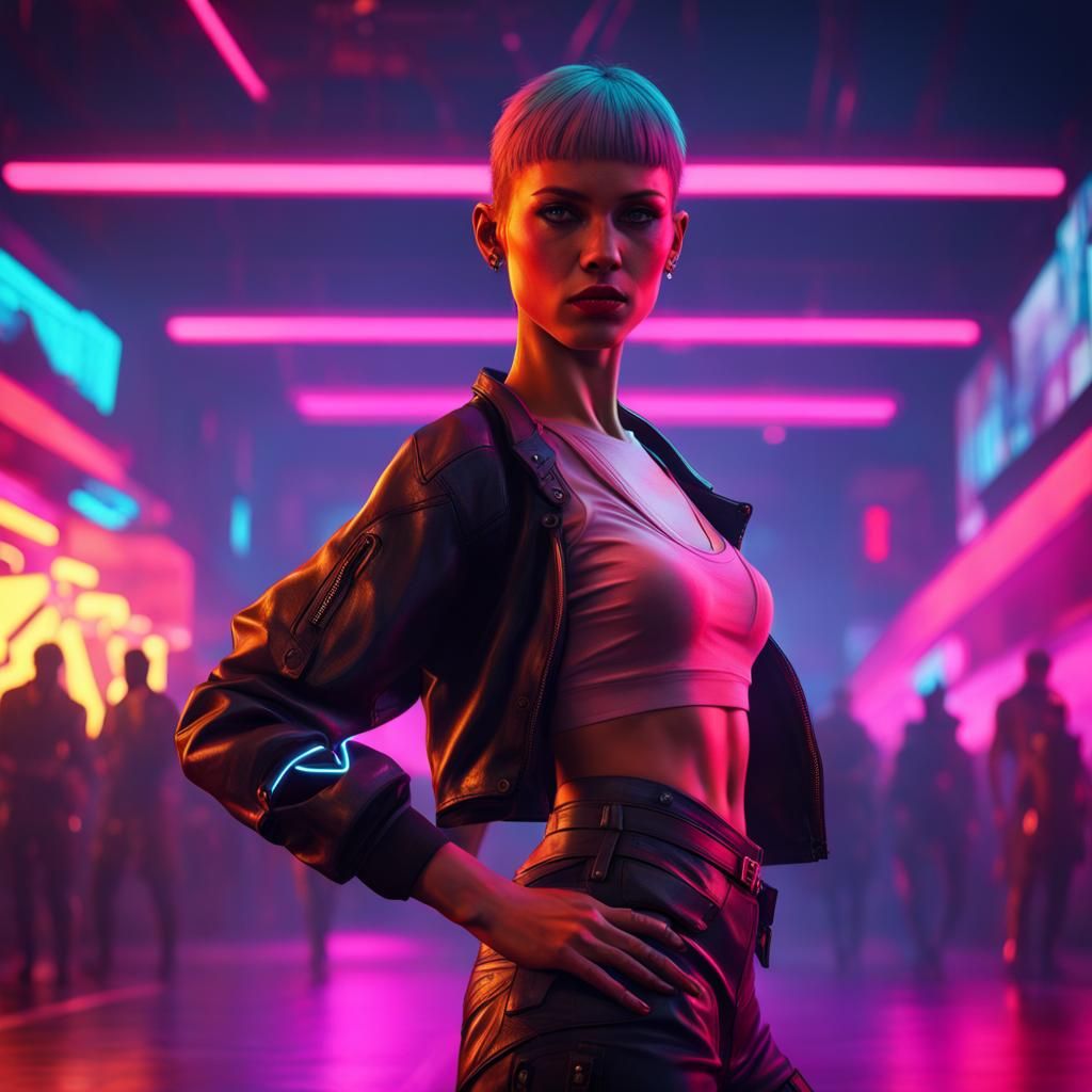 Cyberpunk Czech Dancer in Neon Cityscape