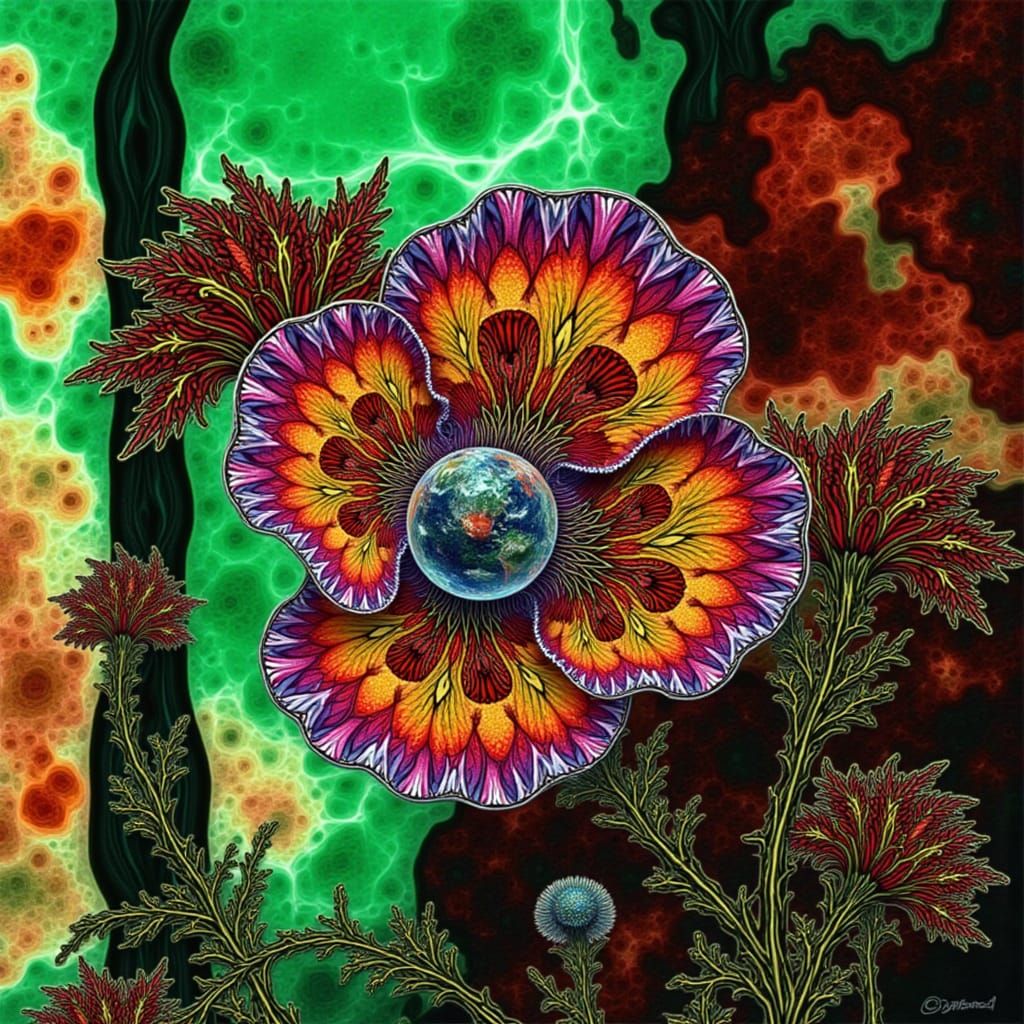 Psychedelic Poppy with Glass Saturn Planet