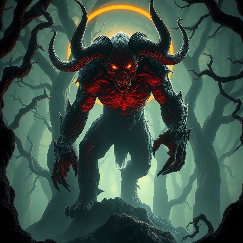 Mystical Lakhey Demon Surrounded by Ethereal Mist in a Forbi...