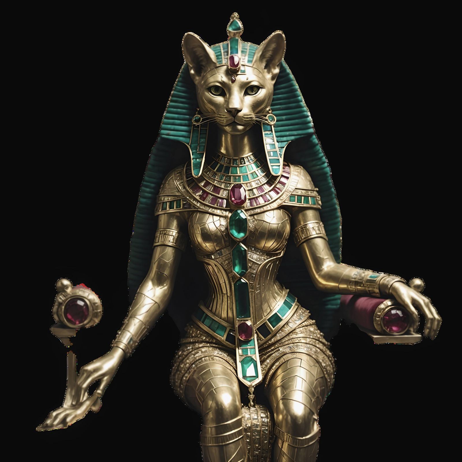 Mystic Feline Goddess on Jeweled Egyptian Throne