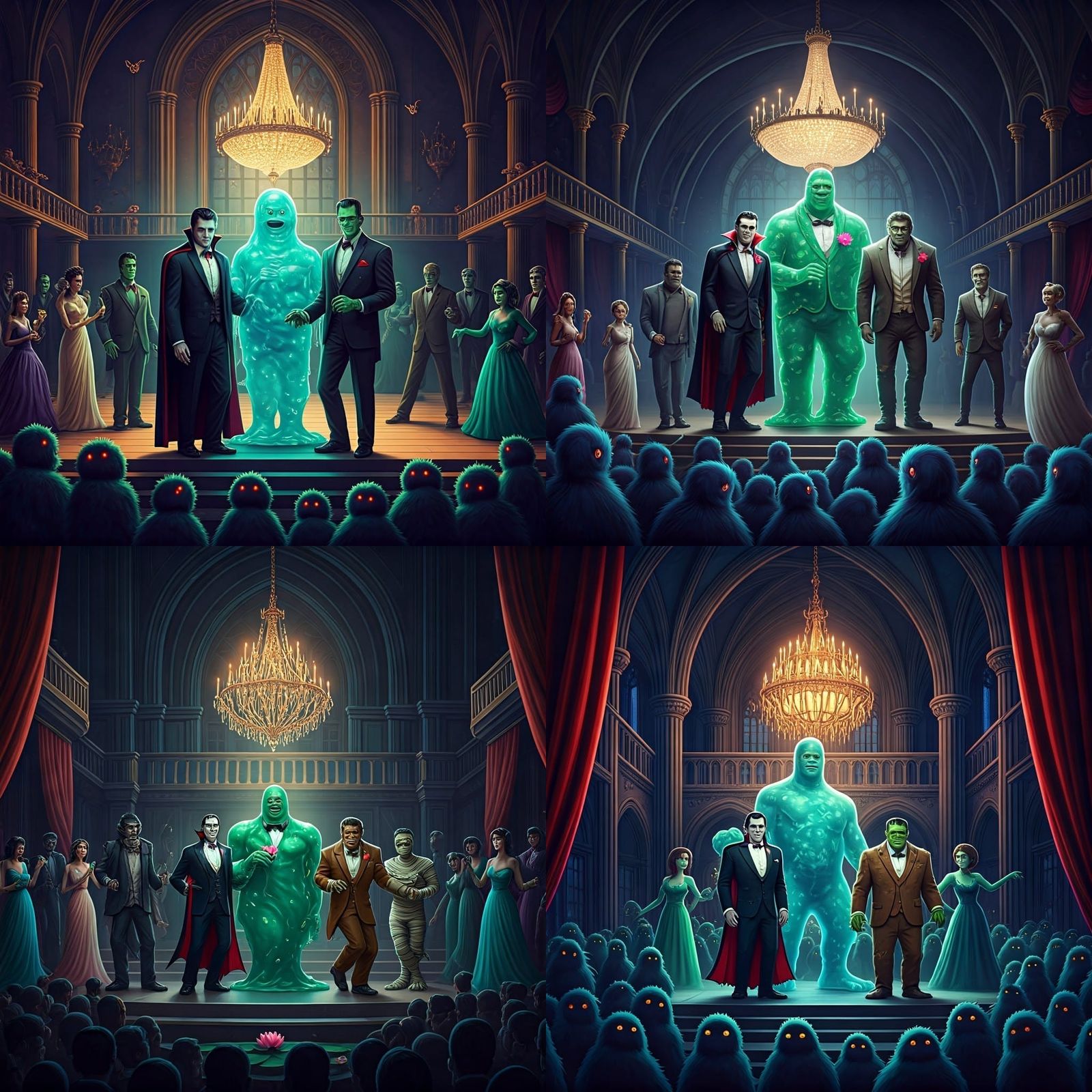 Gothic Prom Night with Classic Monsters in Formal Attire