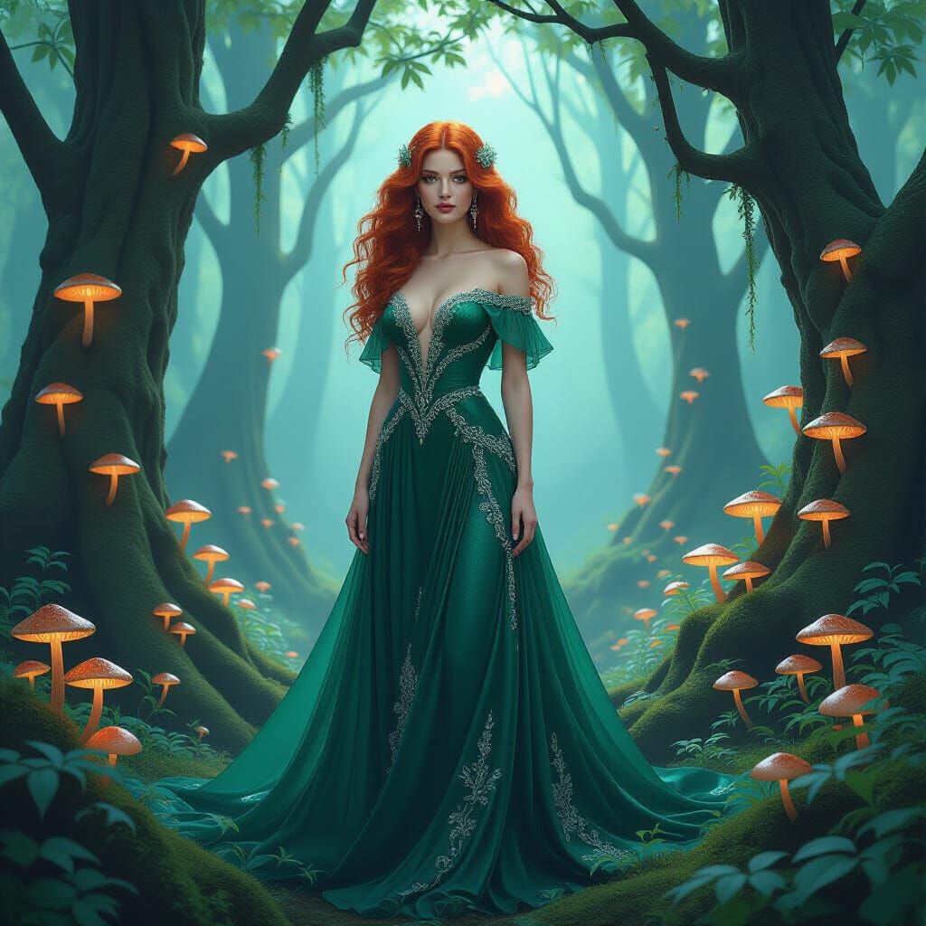 Mystical Woman in Emerald Gown, Art Nouveau Style