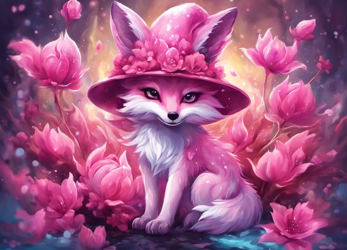 Whimsical Pink Kitsune Spirit in Vibrant Acrylic Style