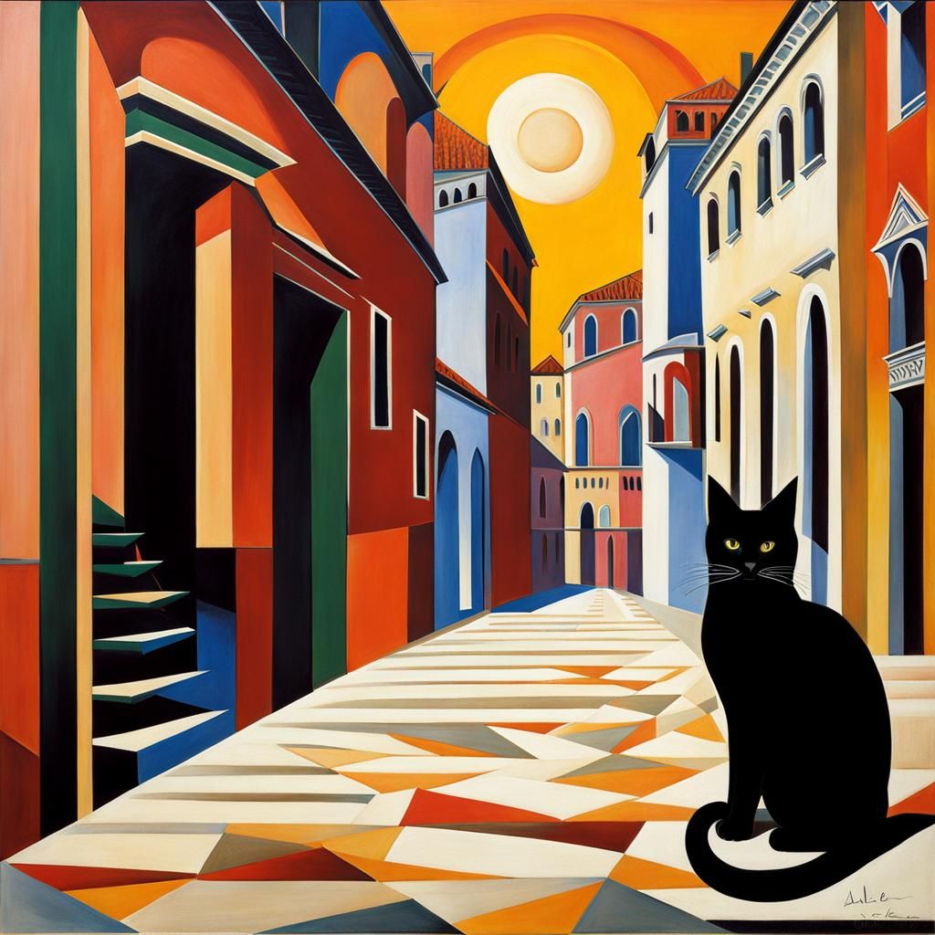 Venice Palaces and Black Cat in Cubist Style
