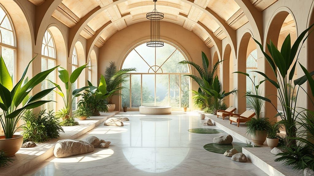 Serenity Oasis: Biophilic Wellness Center with Arch Windows ...