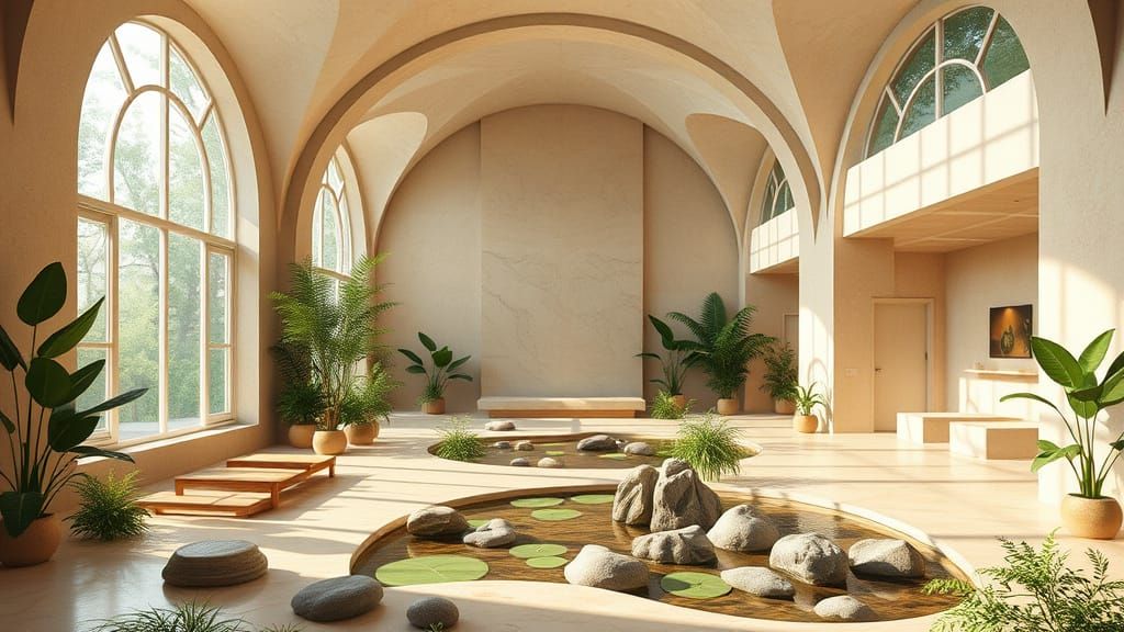 Serenity Oasis with Biophilic Design and Lush Greenery