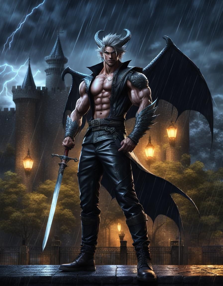 Muscular Dragon Man with Gothic Castle in Anime Style